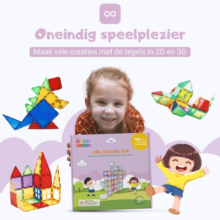 Gladi Magnetische tegels - pastel knikkerbaan - 128 delig