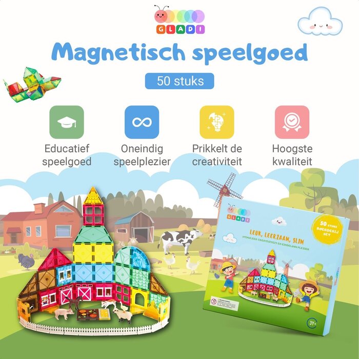Gladi Magnetische tegels - boerderij set - 50 delig