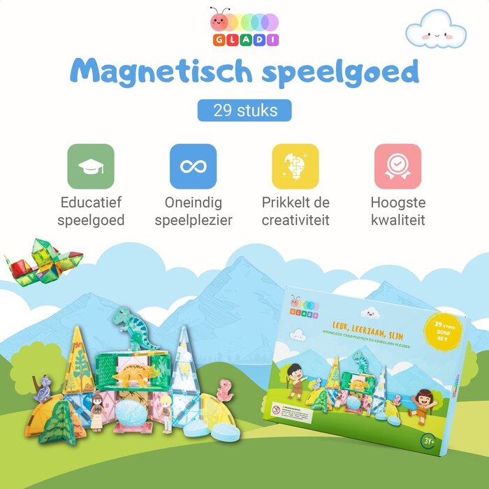 Gladi Magnetische tegels - dino set - 29 delig