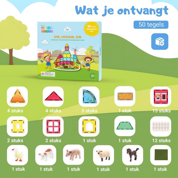 Gladi Magnetische tegels - boerderij set - 50 delig