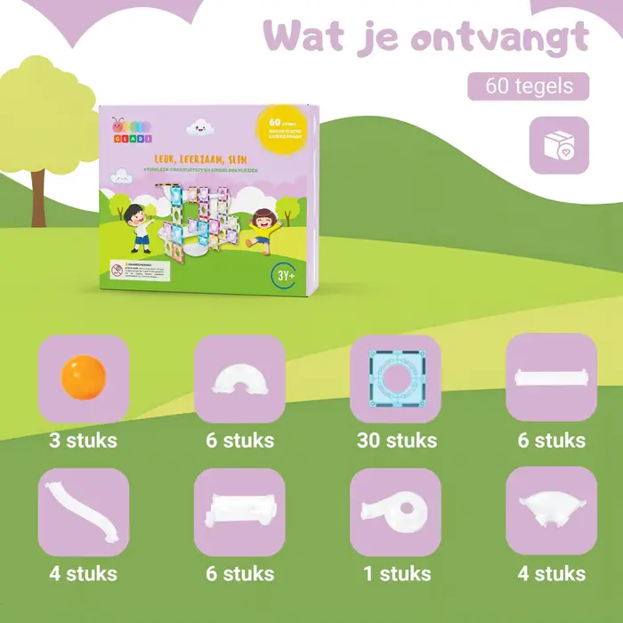 Gladi Magnetische tegels - pastel  knikkerbaan - 60 stuks