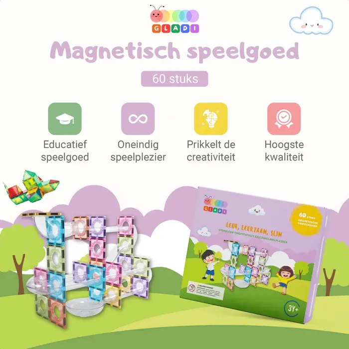 Gladi Magnetische tegels - pastel  knikkerbaan - 60 stuks