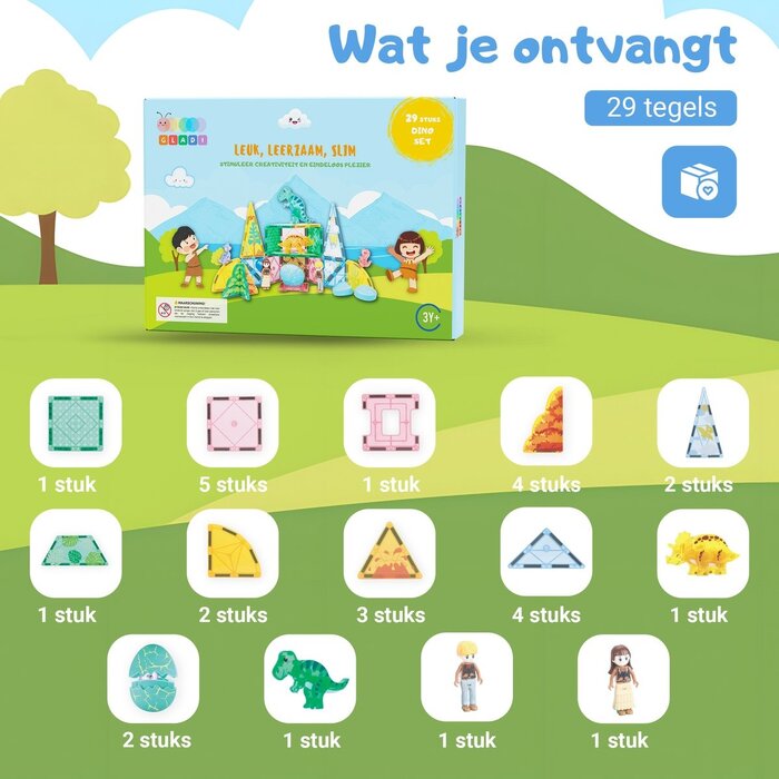 Gladi Magnetische tegels - dino set - 29 delig