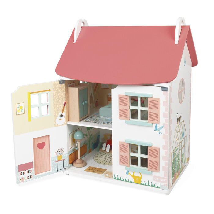 Janod Houten speelgoed - poppenhuis incl. meubels en 4 poppetjes