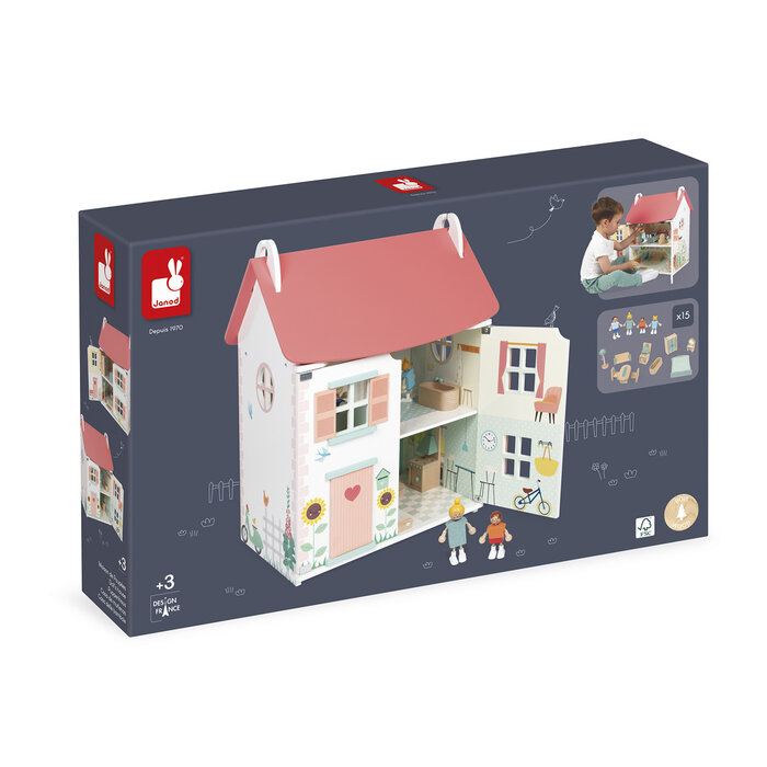 Janod Houten speelgoed - poppenhuis incl. meubels en 4 poppetjes