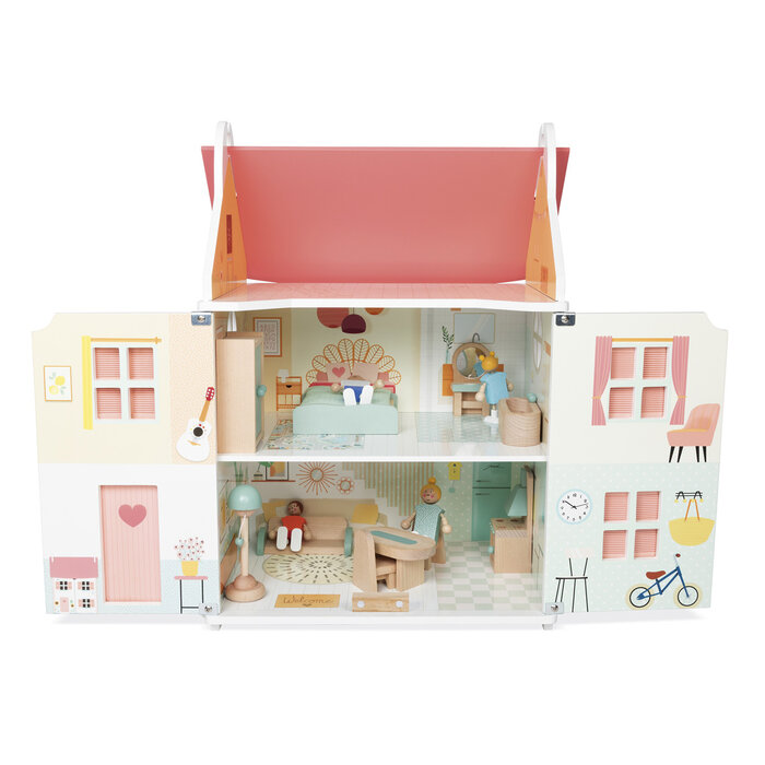 Janod Houten speelgoed - poppenhuis incl. meubels en 4 poppetjes