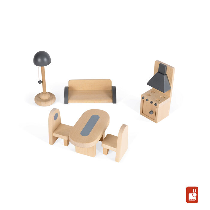 Janod Houten speelgoed - poppenhuis incl. meubels en 4 poppetjes