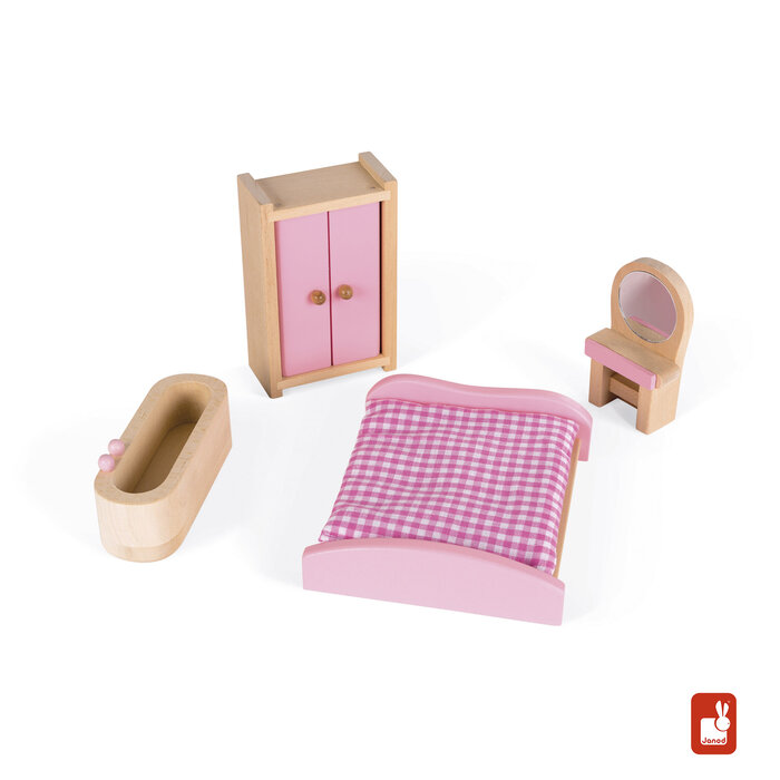 Janod Houten speelgoed - poppenhuis incl. meubels en 4 poppetjes