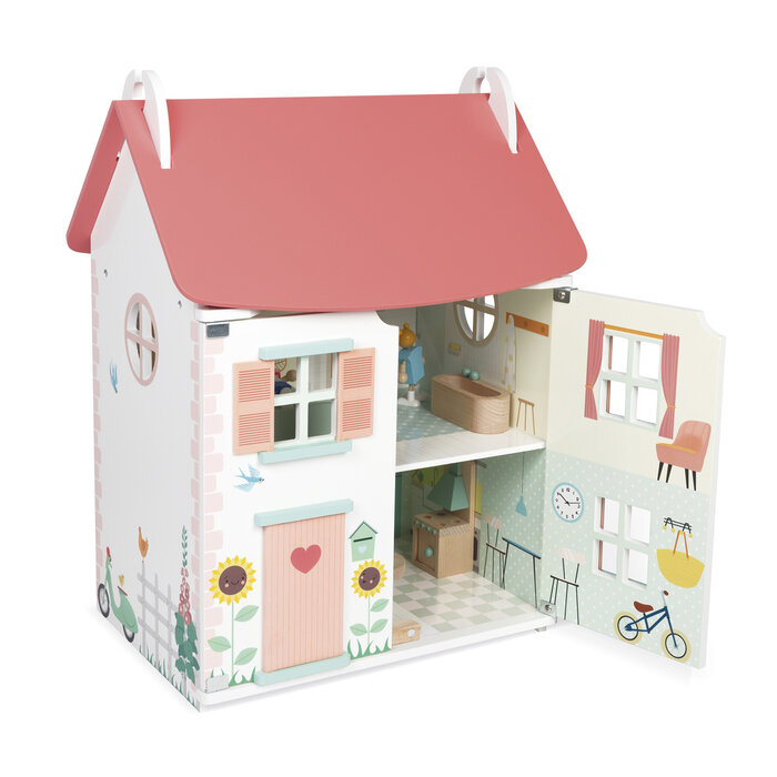 Janod Houten speelgoed - poppenhuis incl. meubels en 4 poppetjes