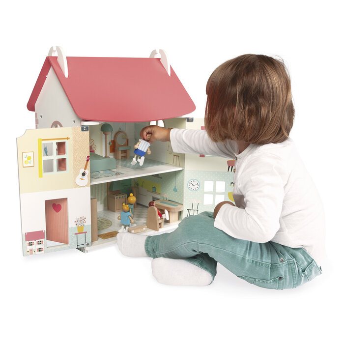 Janod Houten speelgoed - poppenhuis incl. meubels en 4 poppetjes