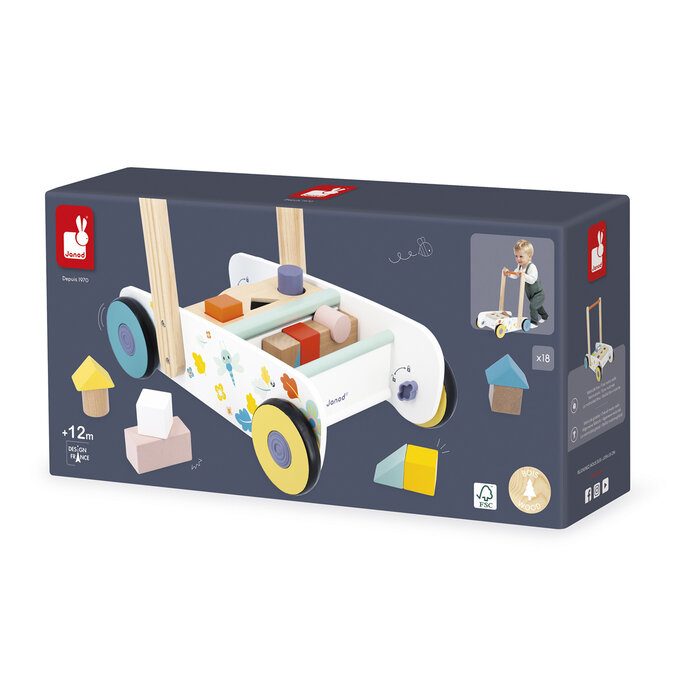 Janod Houten speelgoed - pure - loop/duw/blokkenwagen