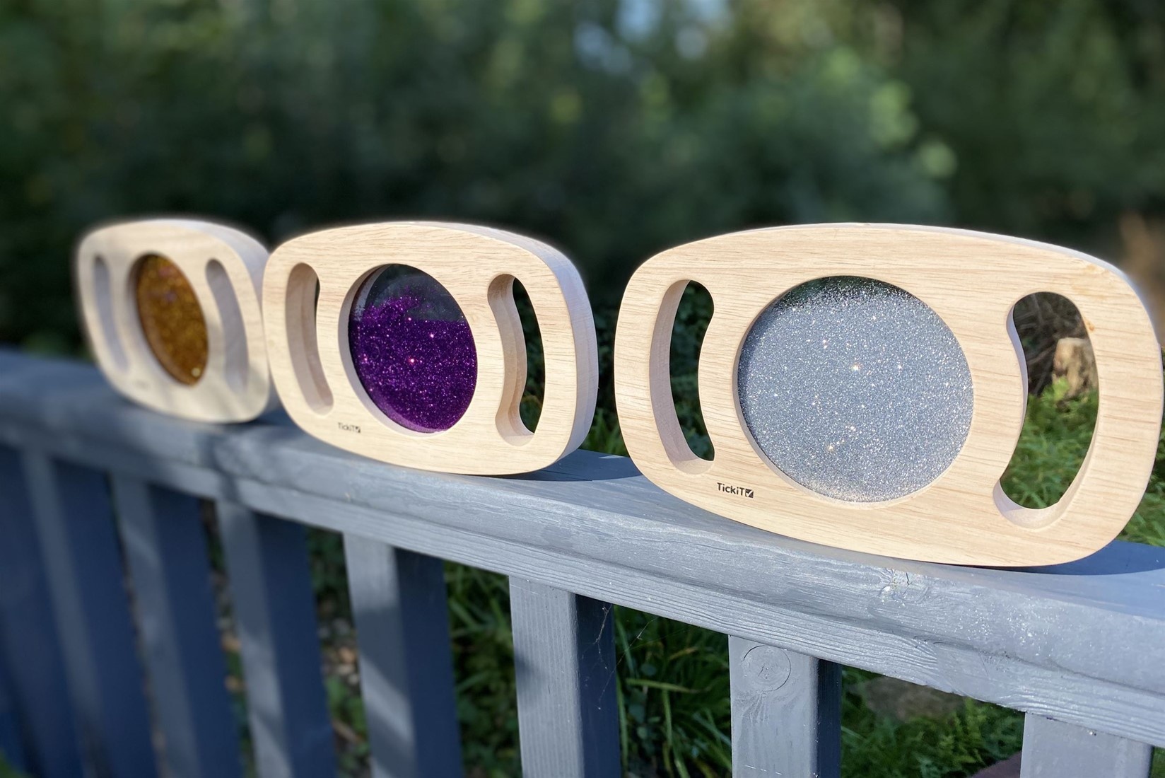 Sensorisch speelgoed - houten glitterpanelen (3stuks) goud, zilver, paars - makkelijk vast te houden
