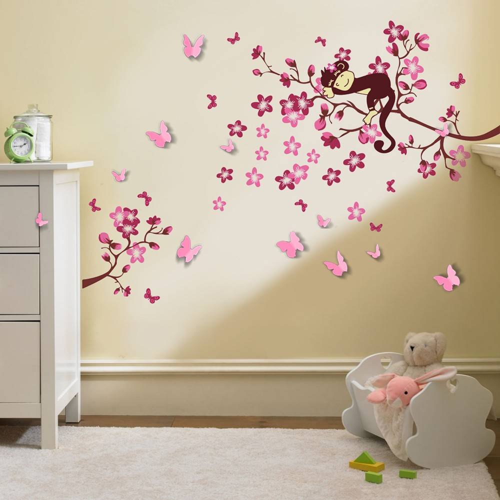 Muursticker roze bloesemtak met en 3D vlinders - Muurstickercenter