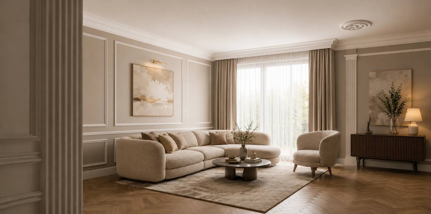 Woonkamer met plafondlijsten, wandlijsten en klassieke ornamenten