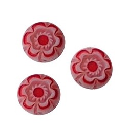 Glasperle. 6mm. rund flach. Rot Weiß mit Bloemetje. 4 Stück für