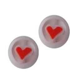Glass bead. 10mm. Round flat. White with a red heart. 3 pieces for