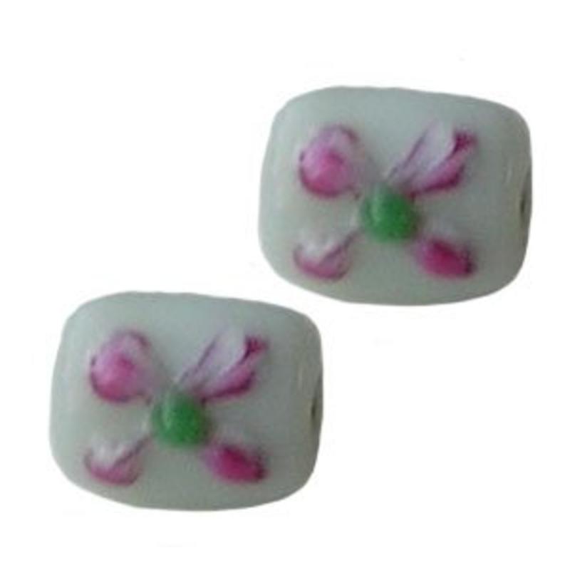 Glaskraal. 11x14mm. Fantasie. Mint met roze bloem voor het maken van sieraden en accessoires