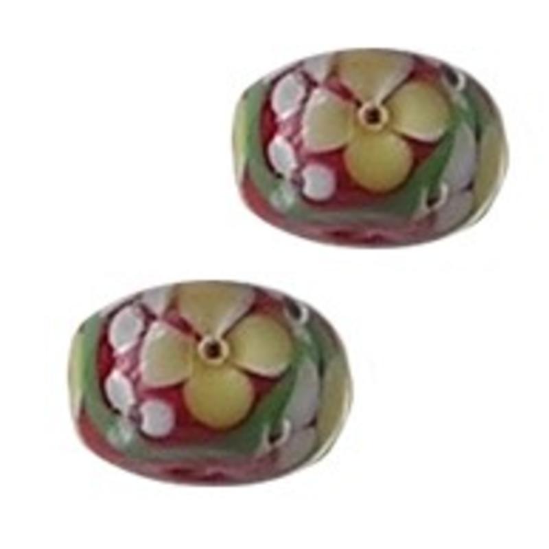 Glaskraal. 9x14mm. Rood Gebloemd voor het maken van sieraden en accessoires