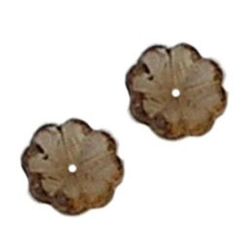 Glasbloemetje. 11mm. Lichtbruin Transparant Gaatje in het Midden voor het maken van sieraden en accessoires