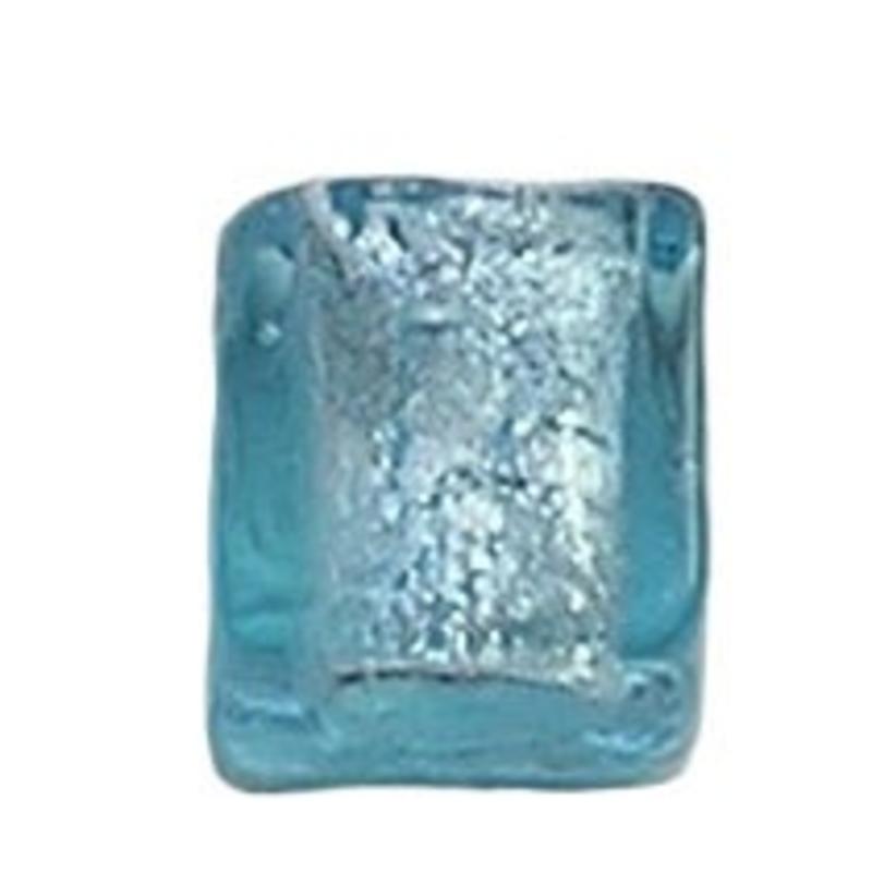 Glaskraal. 12x12x12mm. Aqua Kubus met Zilverfolie voor het maken van sieraden en accessoires