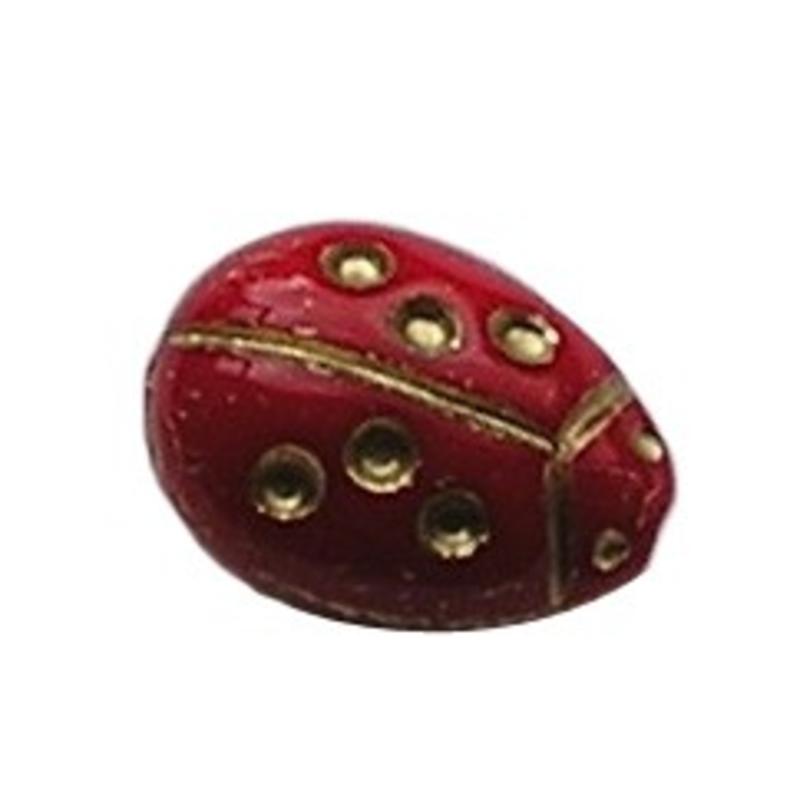 Glaskraal. 10x14mm. Rood. Lieveheersbeest met Gouden Stippen.