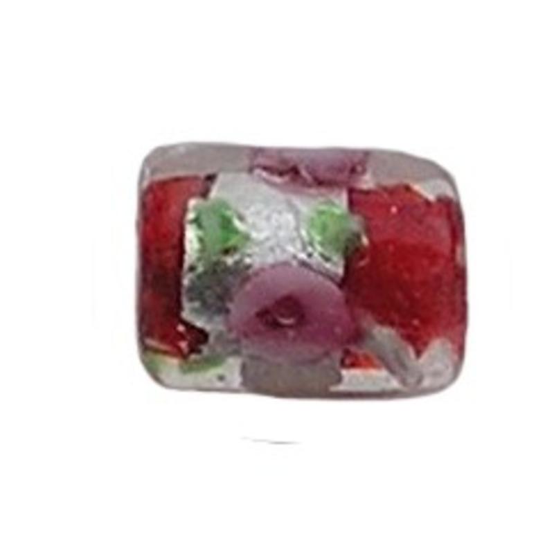 Glaskraal. 8x12mm. Silverfoil met Roze Bloemen.