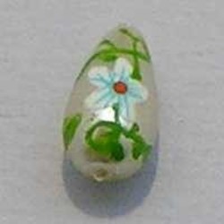 Handbeschilderde Glasparel. Wit Blauw Groen. 6x11mm. Druppel.