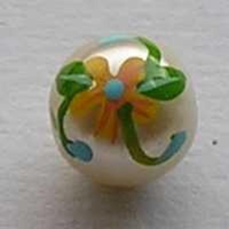 Beschilderde Glasparel. 10mm. met Gele bloem.