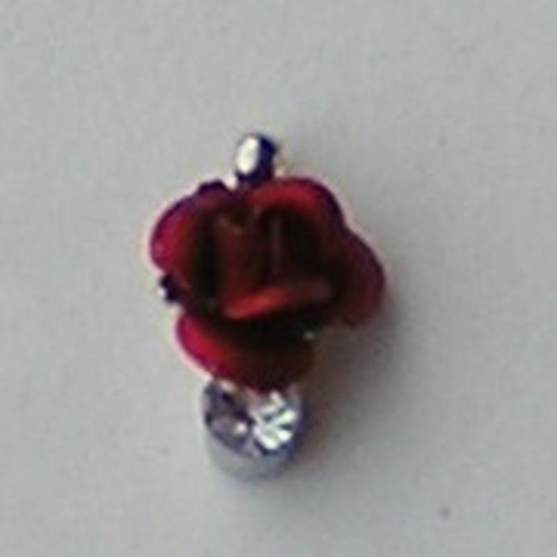 Metalen Roosje aan hanger met Strass. Rood. 7x10mm.