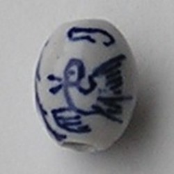 Delftsblauwe Porseleinkraal. Ovaal. 12x16mm. Vogeltjes.