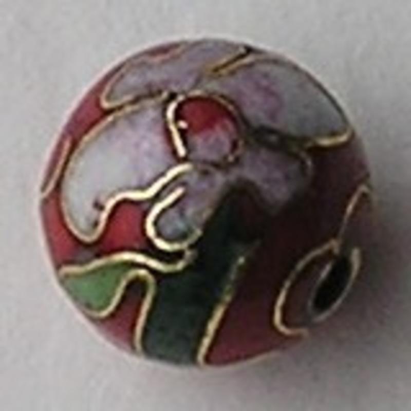 Cloisonnekraal Traditioneel. Rood met roze bloemen. 10mm.