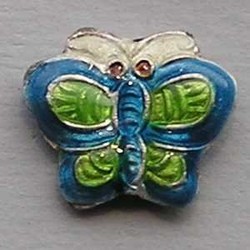 Vlinder Cloissonee. 12x15mm. Aqua/Lime/Wit.