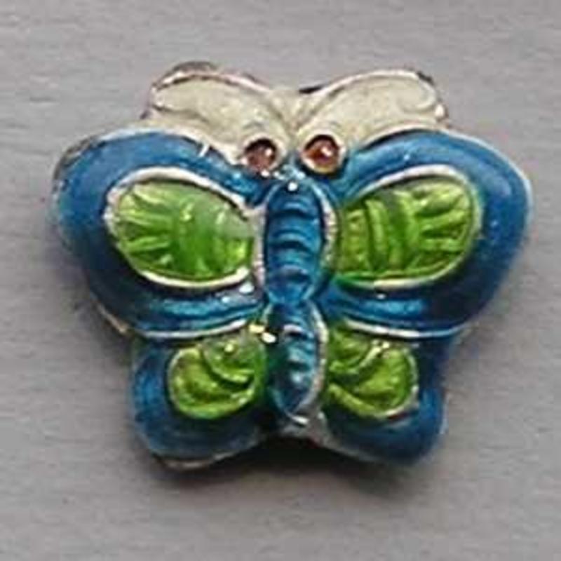 Vlinder Cloissonee. 12x15mm. Aqua/Lime/Wit.