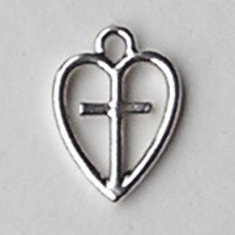 Bedel Hart met kruisje. 13x19mm. Verzilverd met harde beschermlaag.