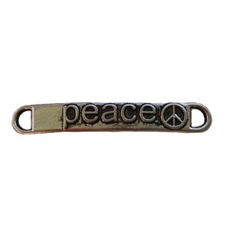 Tussenstuk plaatje 2 gaats. Zilverkleurig met tekst PEACE. 5x37mm.