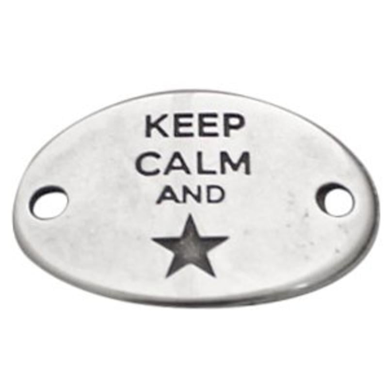 Tussenstuk. 20x29mm. Tekst Keep Calm. 2 gaats. Zilverkleurig.