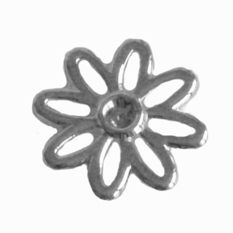 Metalen bloem Daisy middelgroot. 23mm. Voor Swarovskisteen 4mm. Hoogwaardige kwaliteit. Zilverkleurig.