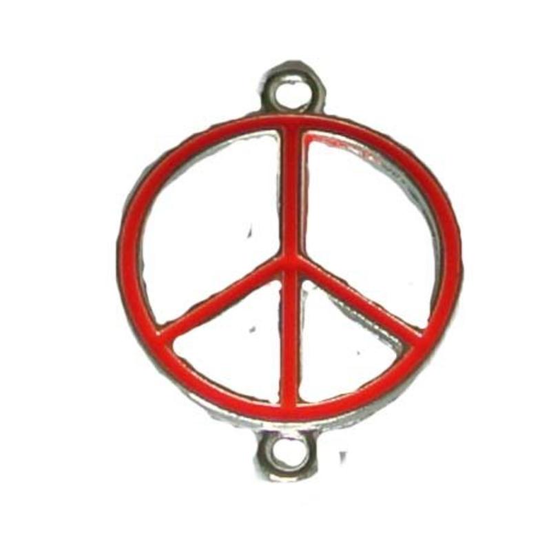 Tussenstuk Peace 2 oog. Zilverkleur neon red emaille. 22x29mm