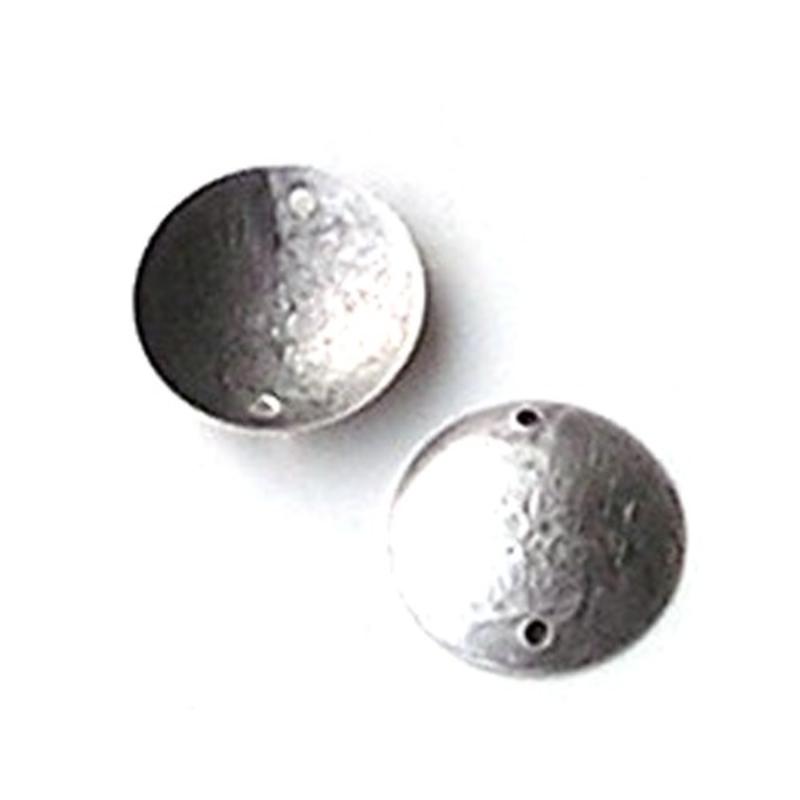 Tussenstuk. Brass. Rond/bol 2 gaats. 20mm. Matzilverkleurig. Hoogwaardige kwaliteit