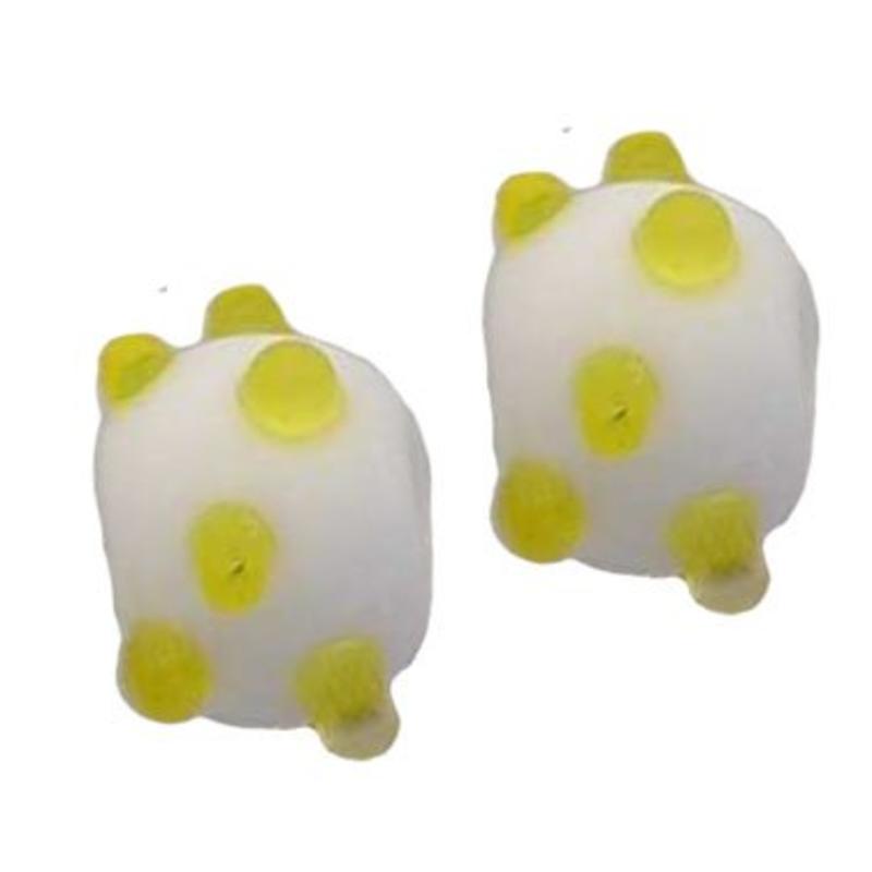 Glaskraal. 10mm. Fantasie, Wit met gele dots.