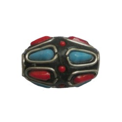 Kashmiribead 13x22mm. Rood blauw met groot gat. Ovaal