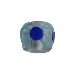 Glass bead. 6x7mm, cylinder with fantasy motif, Aqua with cobalt blue