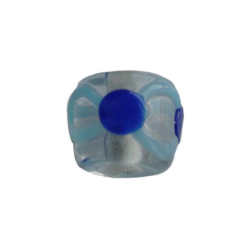 Glass bead. 6x7mm, cylinder with fantasy motif, Aqua with cobalt blue