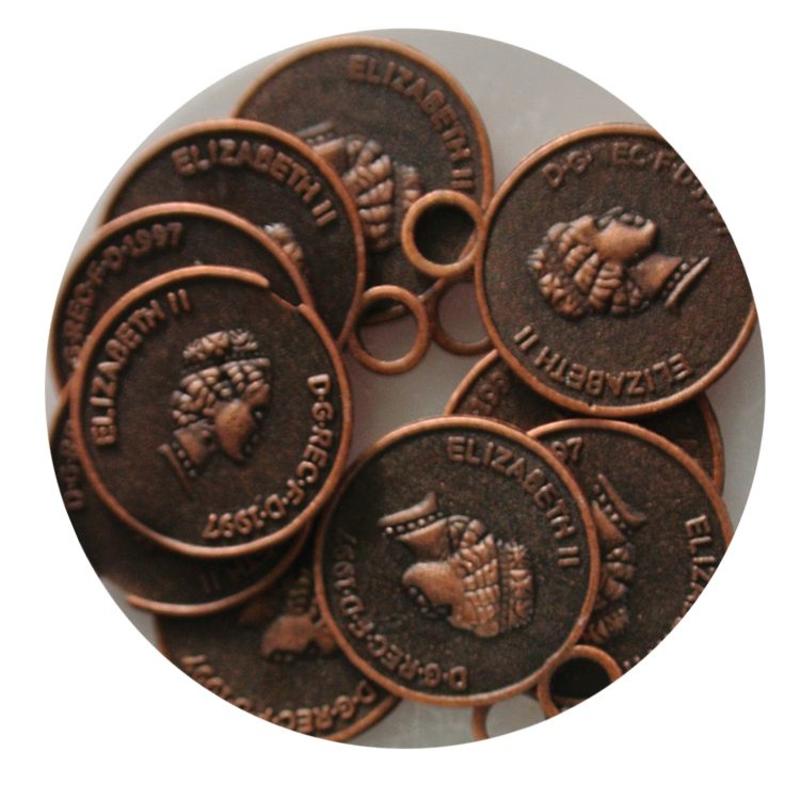 Coin Charm 14x17mm. Copper colored red.