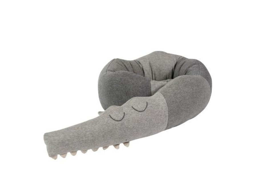 Knitted cushion, Sleepy Croc, elephant grey