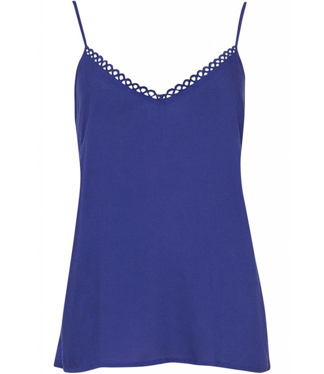 Paarse stippenprint katoen-modal lange broek met blauwe spaghetti top met verstelbare bandjes