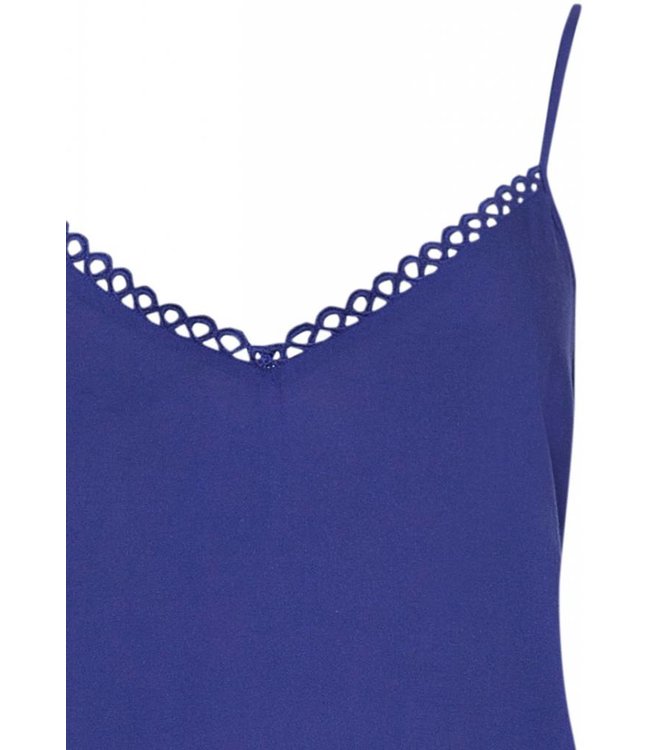 Paarse stippenprint katoen-modal lange broek met blauwe spaghetti top met verstelbare bandjes