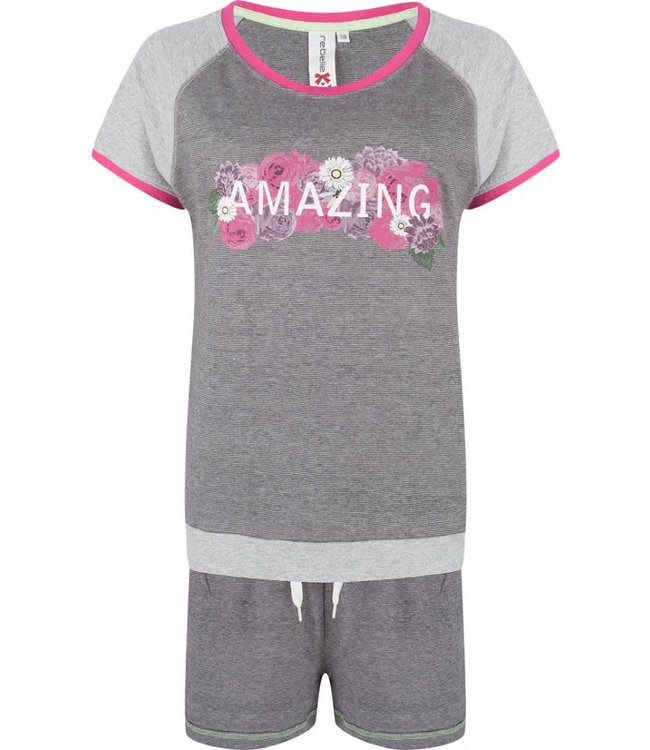 Pretty Amazing Flowers short sleeved grey & pink shorty set