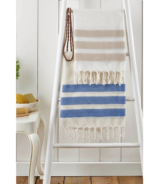 Katoenen hamamdoek, beige en creme met handgemaakte kwastjes