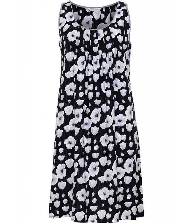black & white cotton - modal sleevless floral nightdress with pretty front pleat detail